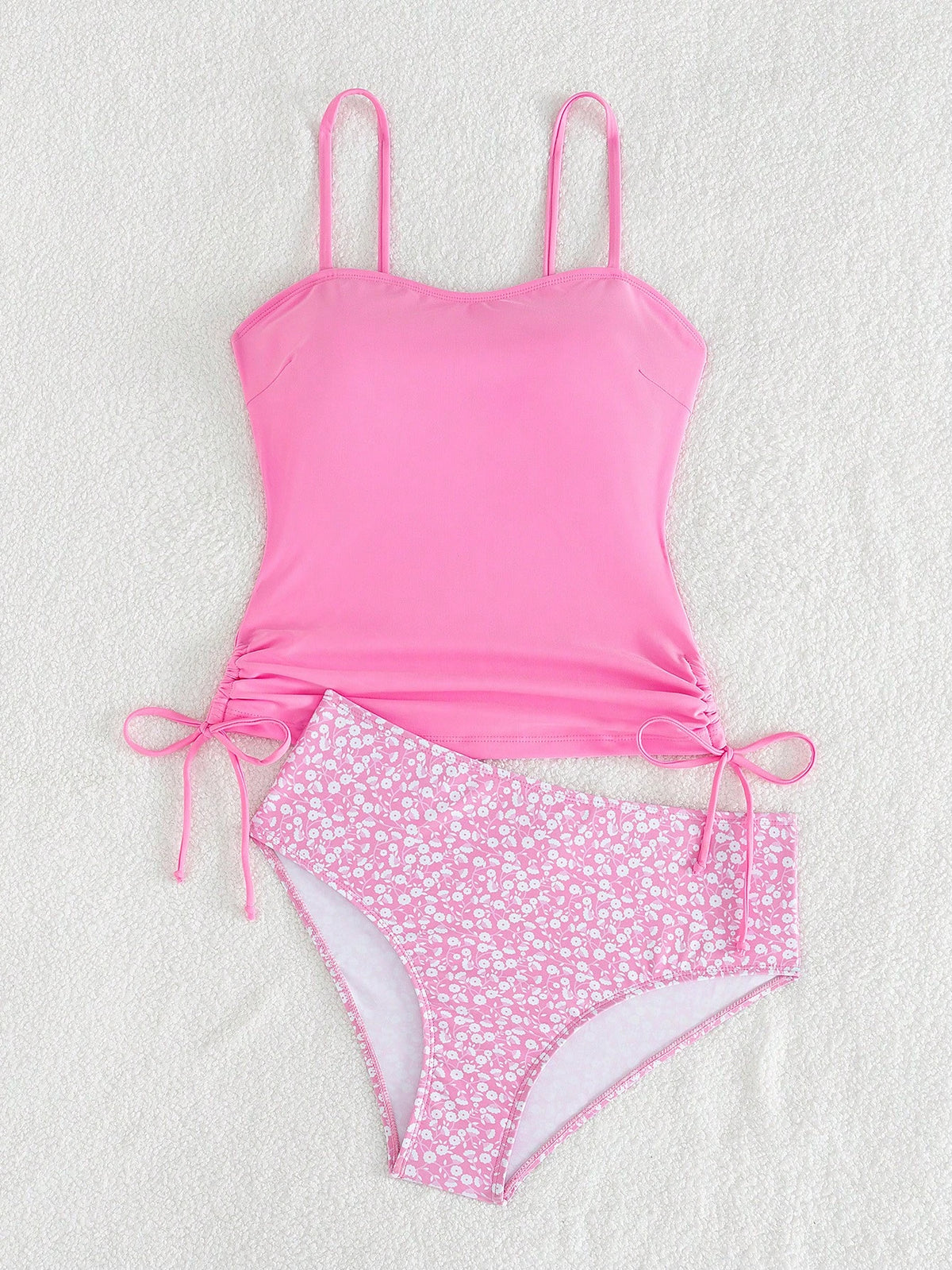 Ribbed Tankini Swimwear Set- Printed Swim Shorts- High Elasticity, Opaque, Machine Washable- Women's Pink Vacation Beach, Modest Summer