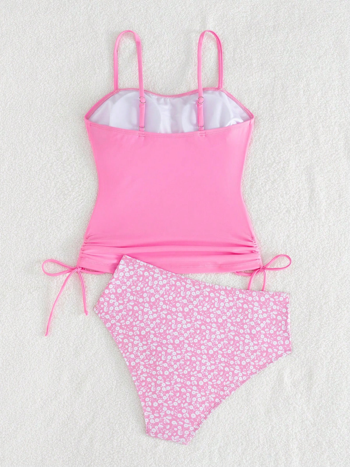 Ribbed Tankini Swimwear Set- Printed Swim Shorts- High Elasticity, Opaque, Machine Washable- Women's Pink Vacation Beach, Modest Summer
