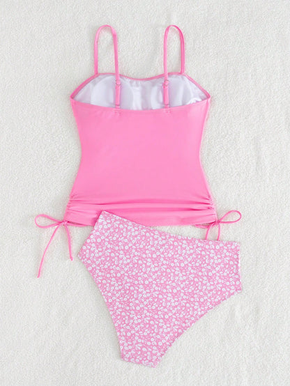 Ribbed Tankini Swimwear Set- Printed Swim Shorts- High Elasticity, Opaque, Machine Washable- Women's Pink Vacation Beach, Modest Summer