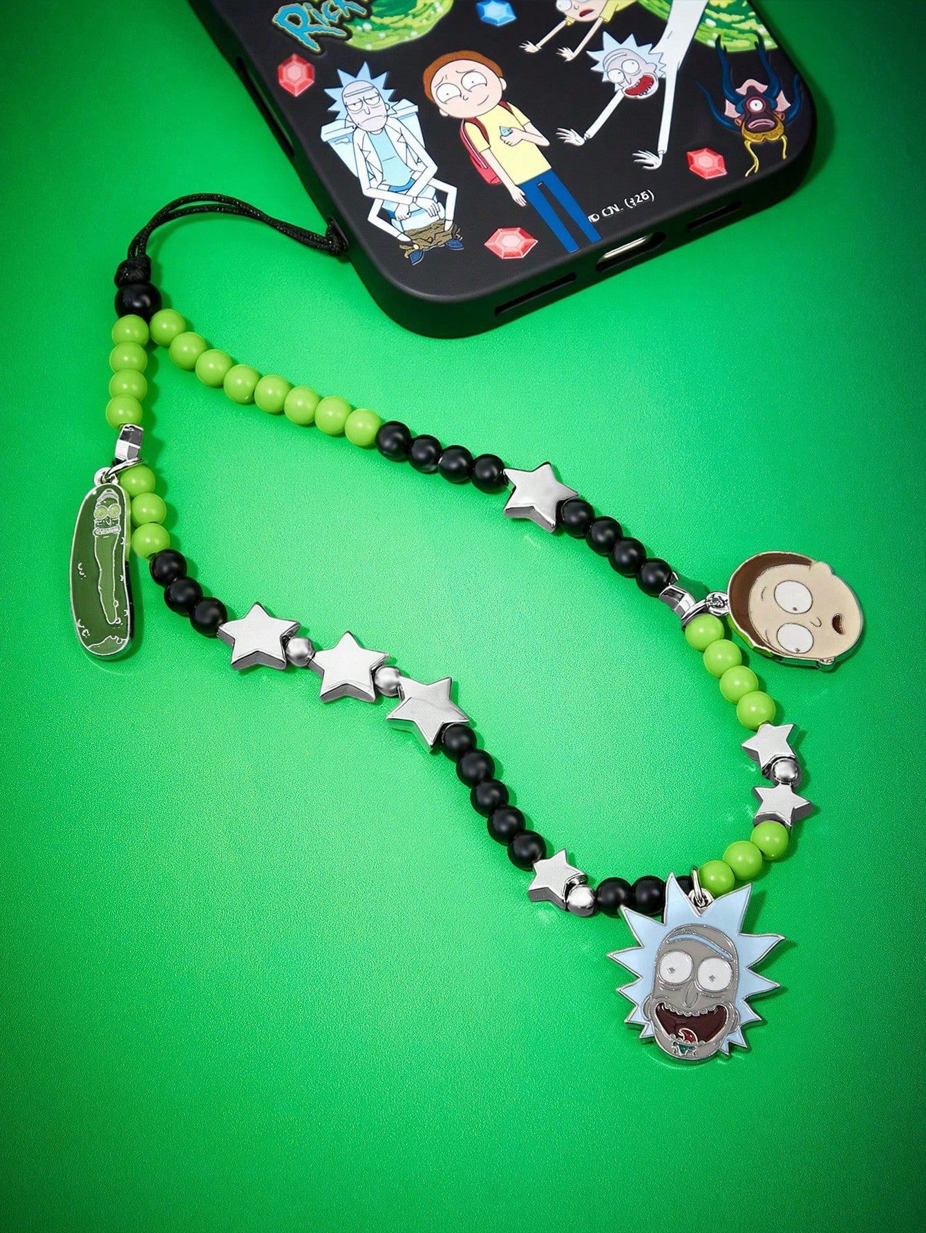 Rick and Morty X Fashion Cute Cartoon Zinc Alloy Black Green Handmade Beaded Mobile Phone Chain Unisex Star Mobile Phone Lanyard Mobile Phone Pendant