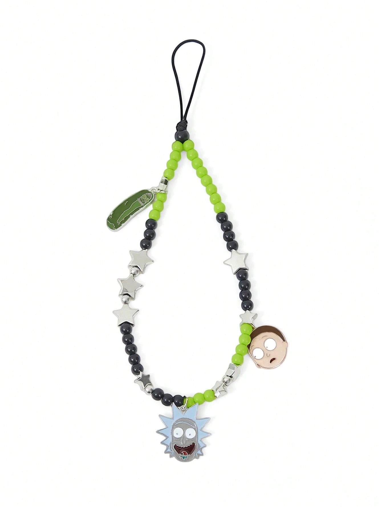 Rick and Morty X Fashion Cute Cartoon Zinc Alloy Black Green Handmade Beaded Mobile Phone Chain Unisex Star Mobile Phone Lanyard Mobile Phone Pendant