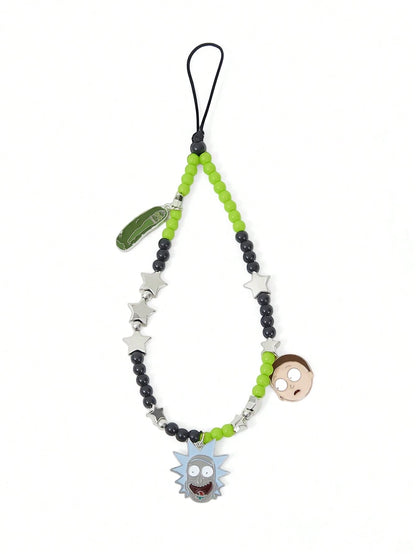 Rick and Morty X Fashion Cute Cartoon Zinc Alloy Black Green Handmade Beaded Mobile Phone Chain Unisex Star Mobile Phone Lanyard Mobile Phone Pendant