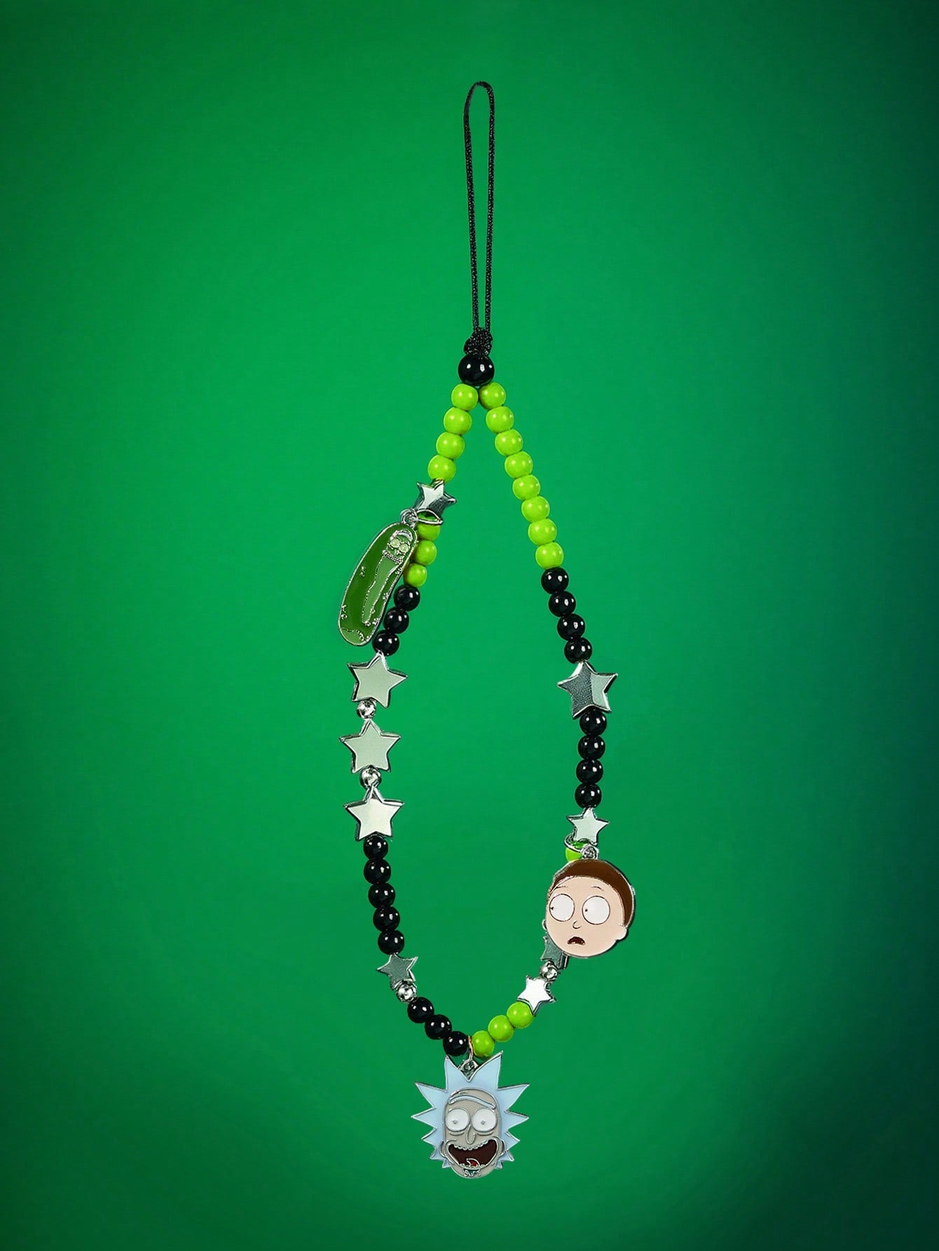 Rick and Morty X Fashion Cute Cartoon Zinc Alloy Black Green Handmade Beaded Mobile Phone Chain Unisex Star Mobile Phone Lanyard Mobile Phone Pendant