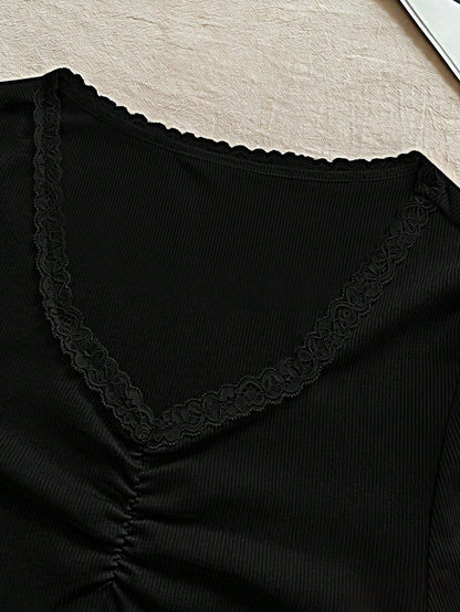 Rina Fox Women's Solid Color Lace Ruffle Fitted Casual T-Shirt