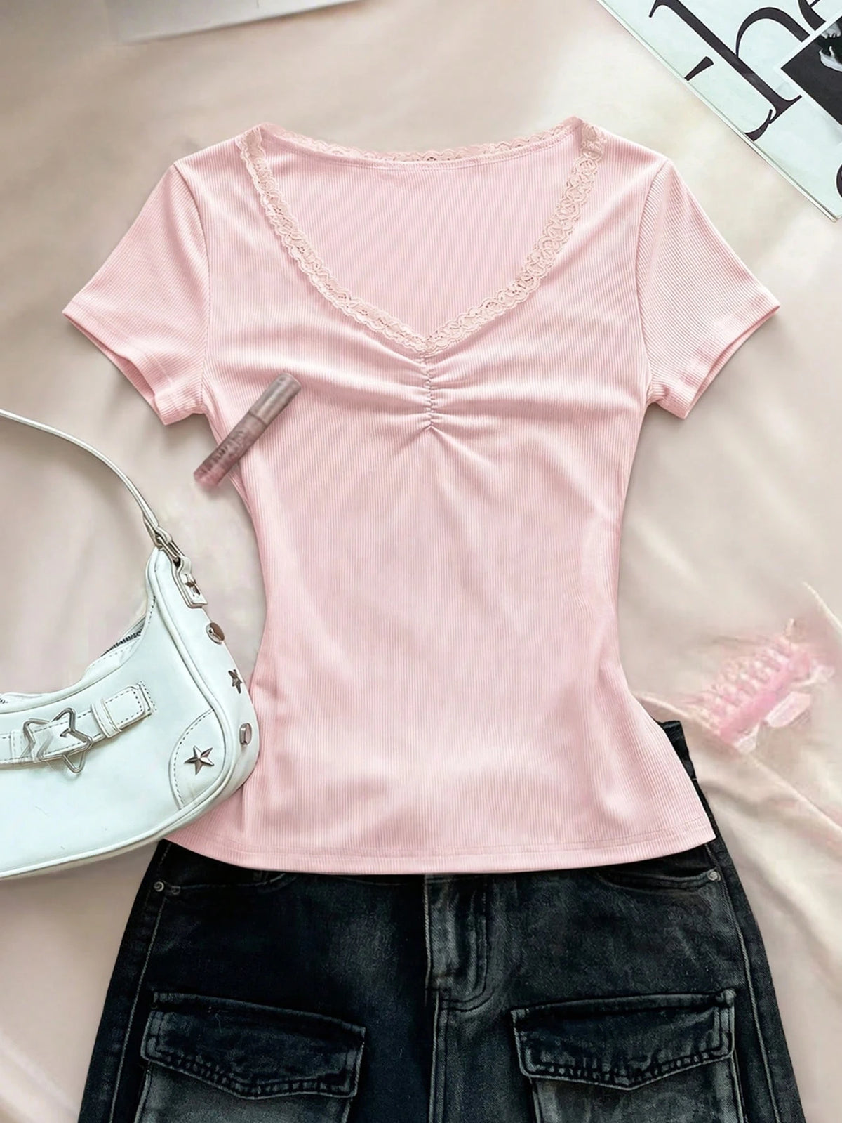 Rina Fox Women's Solid Color Lace Ruffle Fitted Casual T-Shirt
