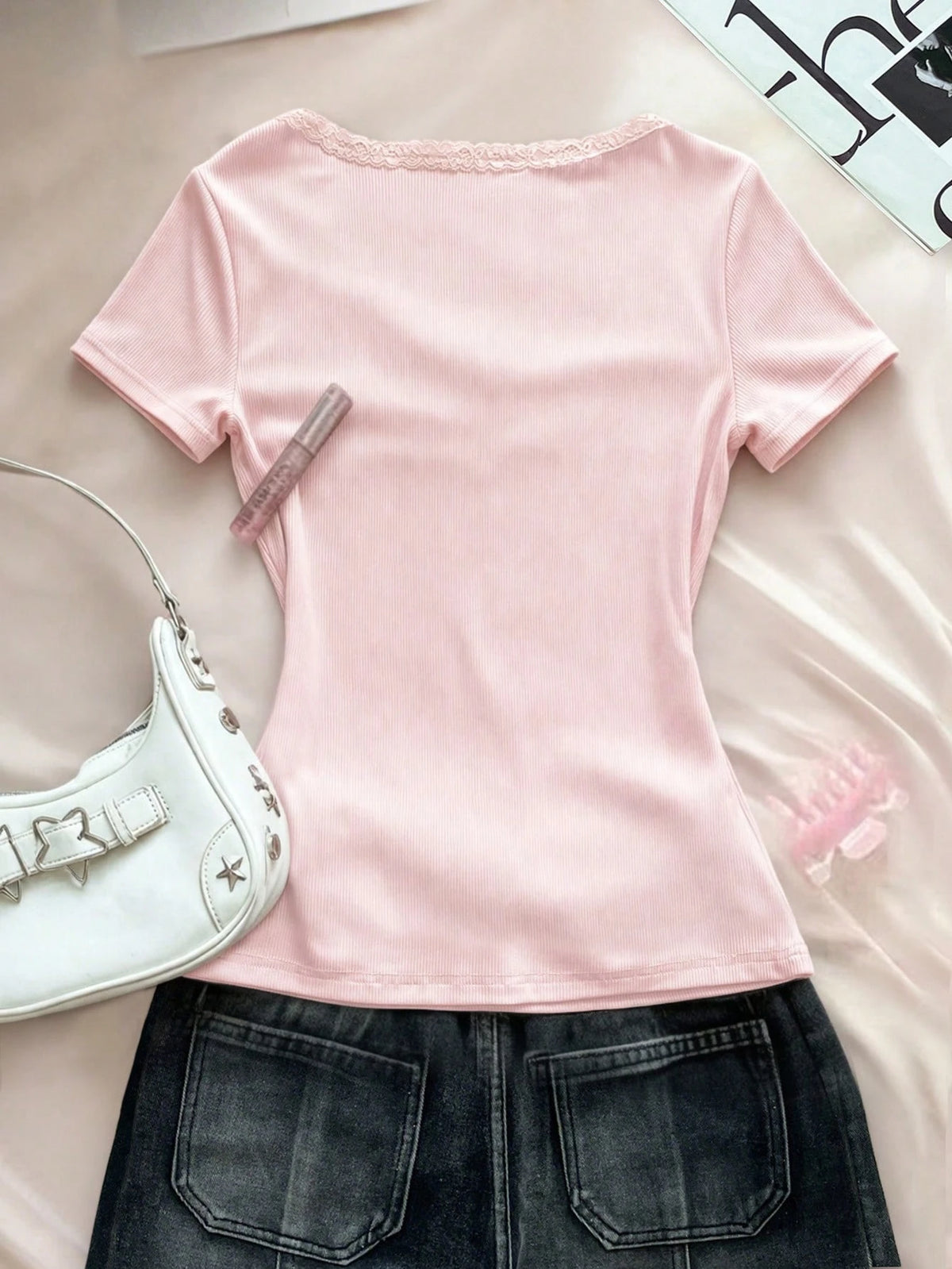 Rina Fox Women's Solid Color Lace Ruffle Fitted Casual T-Shirt