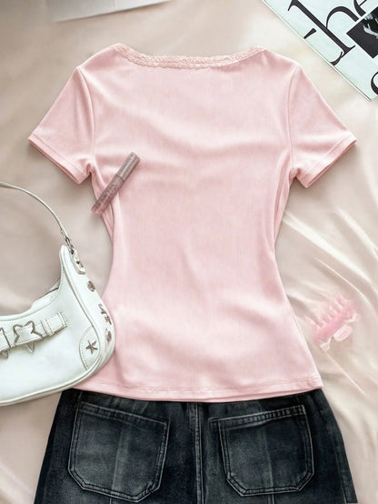 Rina Fox Women's Solid Color Lace Ruffle Fitted Casual T-Shirt