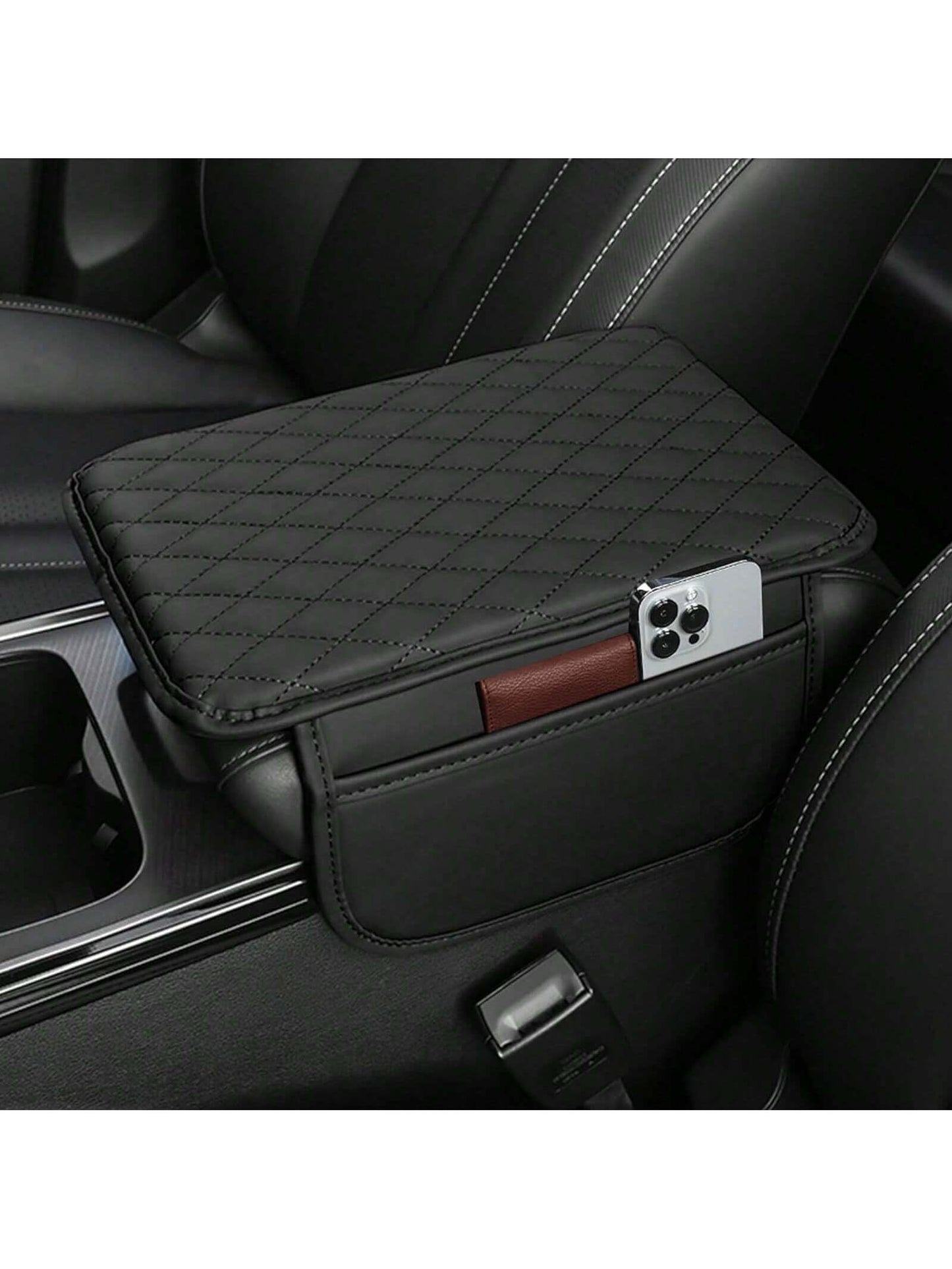 ROJEMXVE 1pc Leather Car Center Console Armrest Cover Pad With 2 Storage Pockets, Universal Automotive Armrest Box Mat, Car Interior Protection Cover, Fits Most Vehicles, Auto Accessories