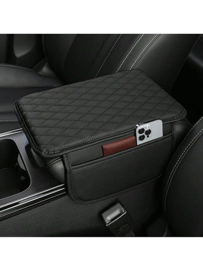 ROJEMXVE 1pc Leather Car Center Console Armrest Cover Pad With 2 Storage Pockets, Universal Automotive Armrest Box Mat, Car Interior Protection Cover, Fits Most Vehicles, Auto Accessories