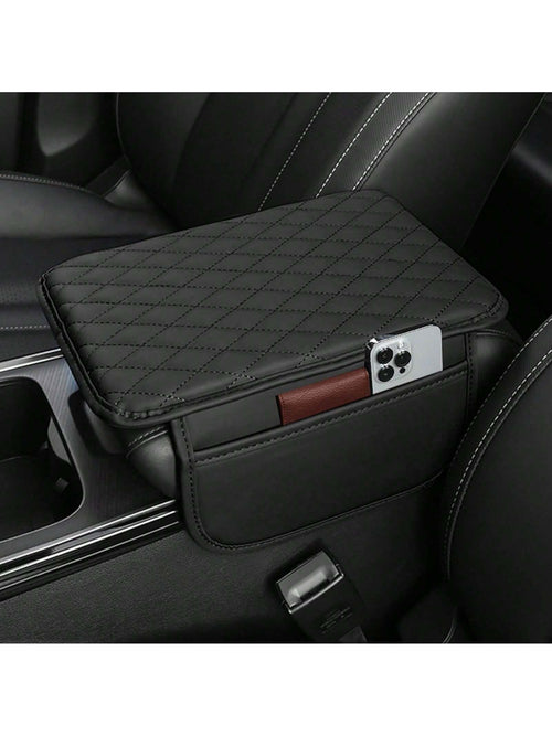 ROJEMXVE 1pc Leather Car Center Console Armrest Cover Pad With 2 Storage Pockets, Universal Automotive Armrest Box Mat, Car Interior Protection Cover, Fits Most Vehicles, Auto Accessories
