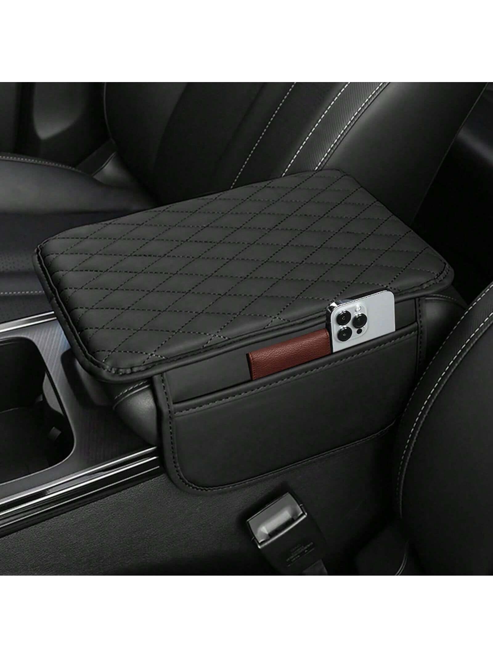 ROJEMXVE 1pc Leather Car Center Console Armrest Cover Pad With 2 Storage Pockets, Universal Automotive Armrest Box Mat, Car Interior Protection Cover, Fits Most Vehicles, Auto Accessories
