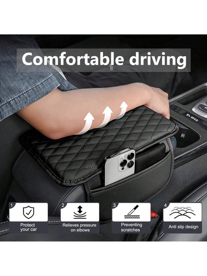 ROJEMXVE 1pc Leather Car Center Console Armrest Cover Pad With 2 Storage Pockets, Universal Automotive Armrest Box Mat, Car Interior Protection Cover, Fits Most Vehicles, Auto Accessories
