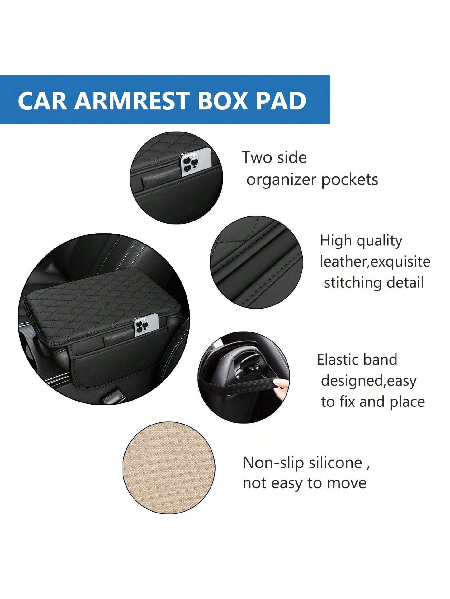 ROJEMXVE 1pc Leather Car Center Console Armrest Cover Pad With 2 Storage Pockets, Universal Automotive Armrest Box Mat, Car Interior Protection Cover, Fits Most Vehicles, Auto Accessories