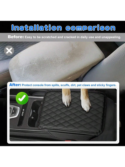 ROJEMXVE 1pc Leather Car Center Console Armrest Cover Pad With 2 Storage Pockets, Universal Automotive Armrest Box Mat, Car Interior Protection Cover, Fits Most Vehicles, Auto Accessories