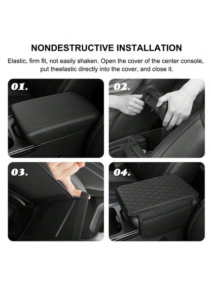 ROJEMXVE 1pc Leather Car Center Console Armrest Cover Pad With 2 Storage Pockets, Universal Automotive Armrest Box Mat, Car Interior Protection Cover, Fits Most Vehicles, Auto Accessories