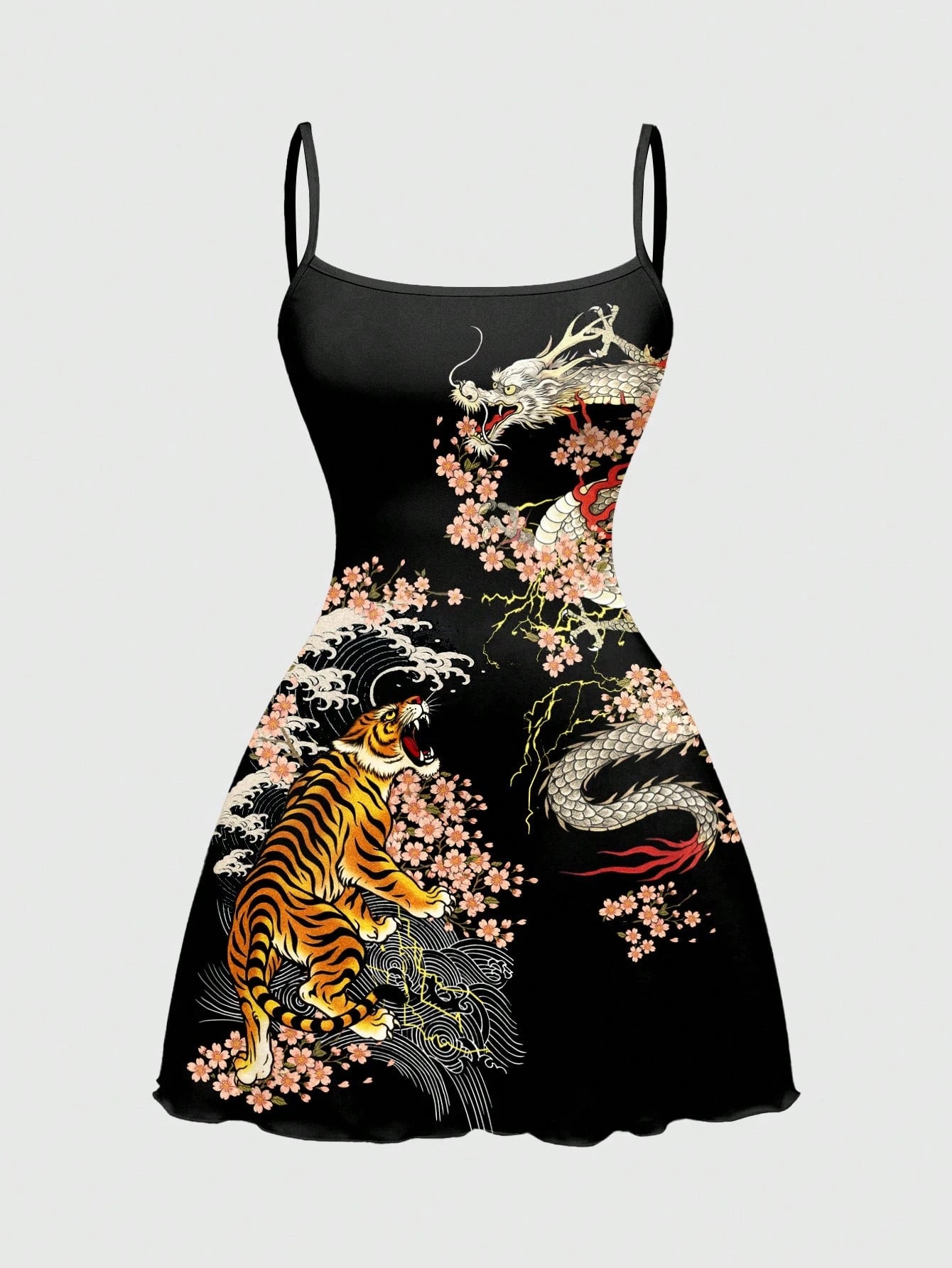 ROMWE Avant New Chinese Style Dark Tiger & Sakura Floral Sexy Dark Allover Print Mini Dress For Women
