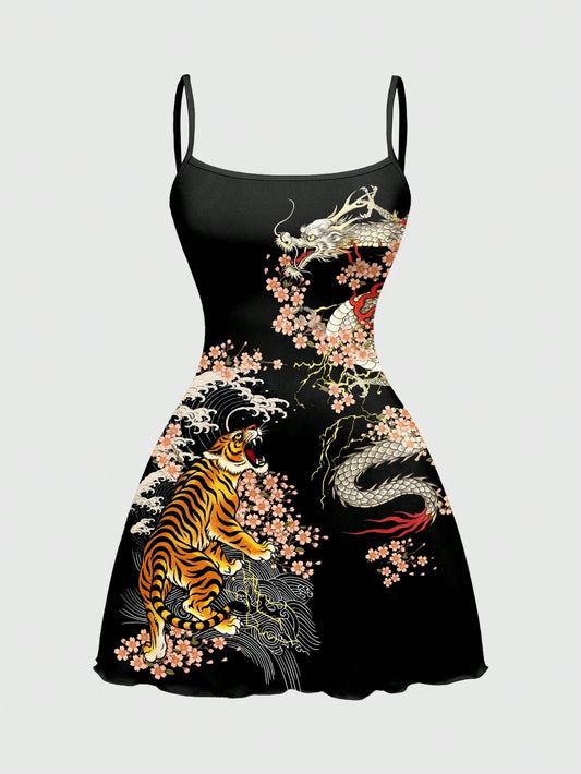 ROMWE Avant New Chinese Style Dark Tiger & Sakura Floral Sexy Dark Allover Print Mini Dress For Women