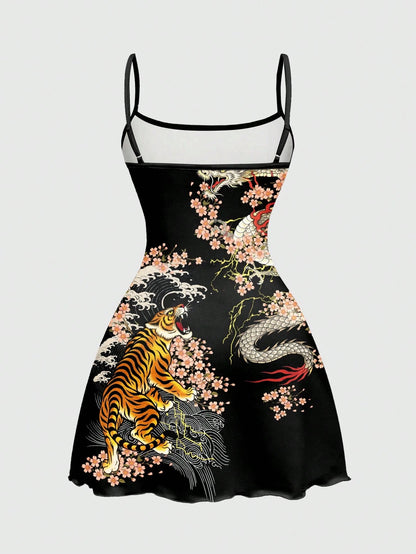 ROMWE Avant New Chinese Style Dark Tiger & Sakura Floral Sexy Dark Allover Print Mini Dress For Women
