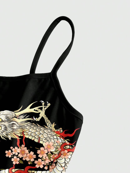 ROMWE Avant New Chinese Style Dark Tiger & Sakura Floral Sexy Dark Allover Print Mini Dress For Women