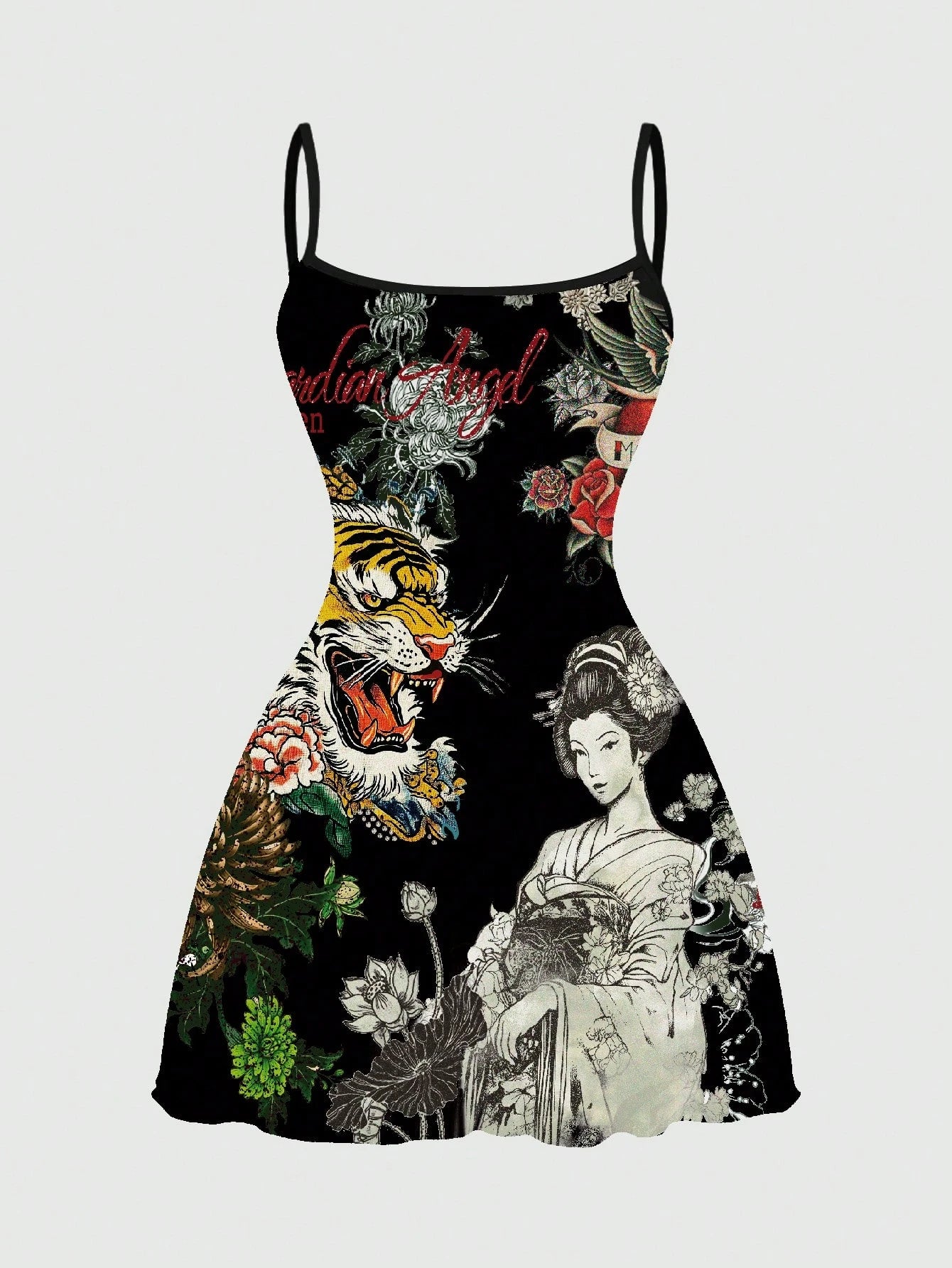 ROMWE Avant New Chinese Style Dark Tiger & Sakura Floral Sexy Dark Allover Print Mini Dress For Women