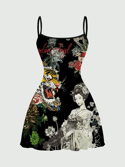 ROMWE Avant New Chinese Style Dark Tiger & Sakura Floral Sexy Dark Allover Print Mini Dress For Women