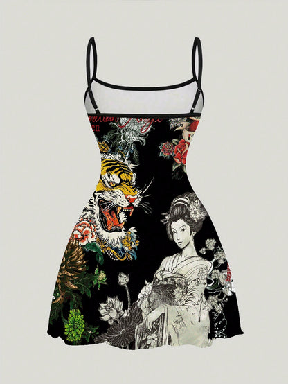 ROMWE Avant New Chinese Style Dark Tiger & Sakura Floral Sexy Dark Allover Print Mini Dress For Women