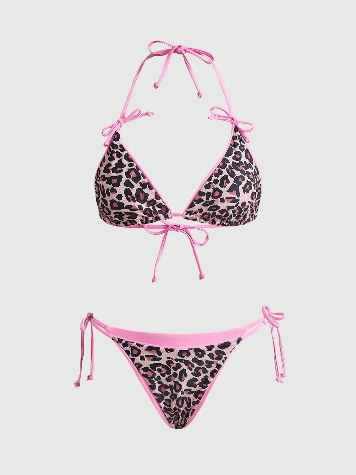 ROMWE Avant Women's New Sexy & Elegant Beach Resort Bikini Set, Leopard Print 2 Pieces Backless Swimsuit, Summer Vacation Pink