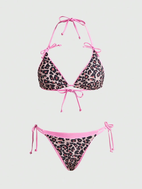 ROMWE Avant Women's New Sexy & Elegant Beach Resort Bikini Set, Leopard Print 2 Pieces Backless Swimsuit, Summer Vacation Pink