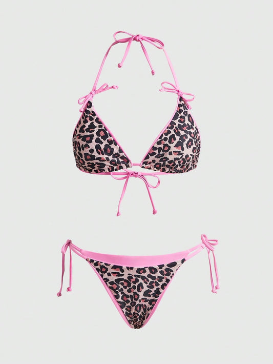 ROMWE Avant Women's New Sexy & Elegant Beach Resort Bikini Set, Leopard Print 2 Pieces Backless Swimsuit, Summer Vacation Pink