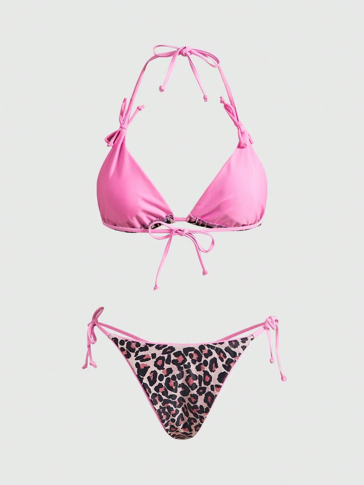 ROMWE Avant Women's New Sexy & Elegant Beach Resort Bikini Set, Leopard Print 2 Pieces Backless Swimsuit, Summer Vacation Pink