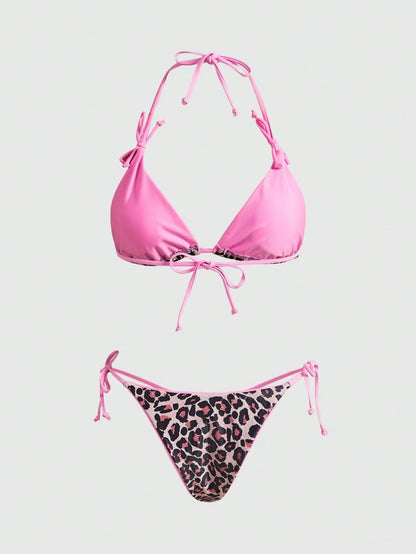 ROMWE Avant Women's New Sexy & Elegant Beach Resort Bikini Set, Leopard Print 2 Pieces Backless Swimsuit, Summer Vacation Pink
