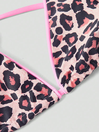 ROMWE Avant Women's New Sexy & Elegant Beach Resort Bikini Set, Leopard Print 2 Pieces Backless Swimsuit, Summer Vacation Pink