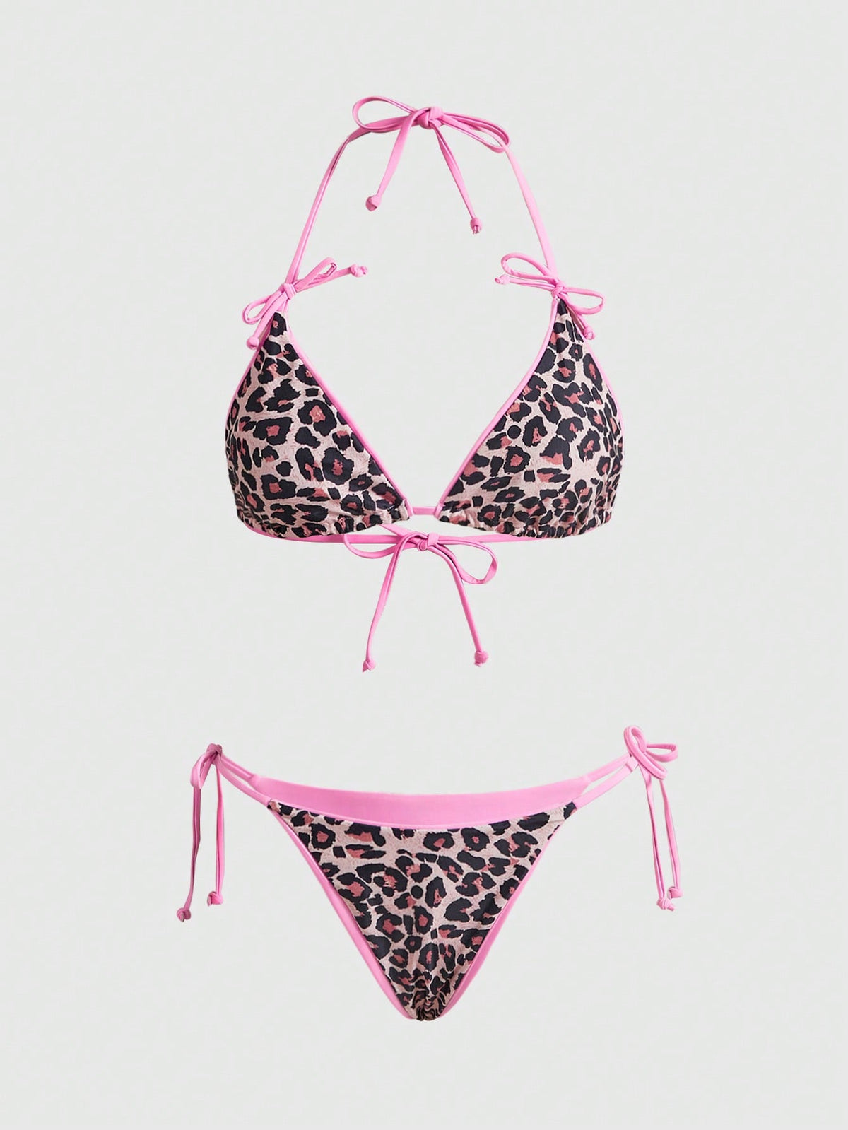 ROMWE Avant Women's New Sexy & Elegant Beach Resort Bikini Set, Leopard Print 2 Pieces Backless Swimsuit, Summer Vacation Pink