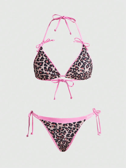 ROMWE Avant Women's New Sexy & Elegant Beach Resort Bikini Set, Leopard Print 2 Pieces Backless Swimsuit, Summer Vacation Pink