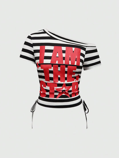 ROMWE Avant Women's Y2K Style Striped Patchwork Letter Print Drawstring Ruched T-Shirt