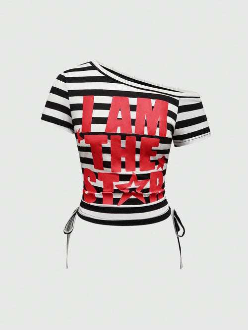 ROMWE Avant Women's Y2K Style Striped Patchwork Letter Print Drawstring Ruched T-Shirt
