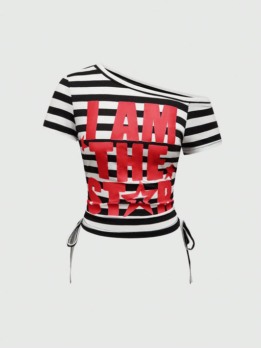 ROMWE Avant Women's Y2K Style Striped Patchwork Letter Print Drawstring Ruched T-Shirt