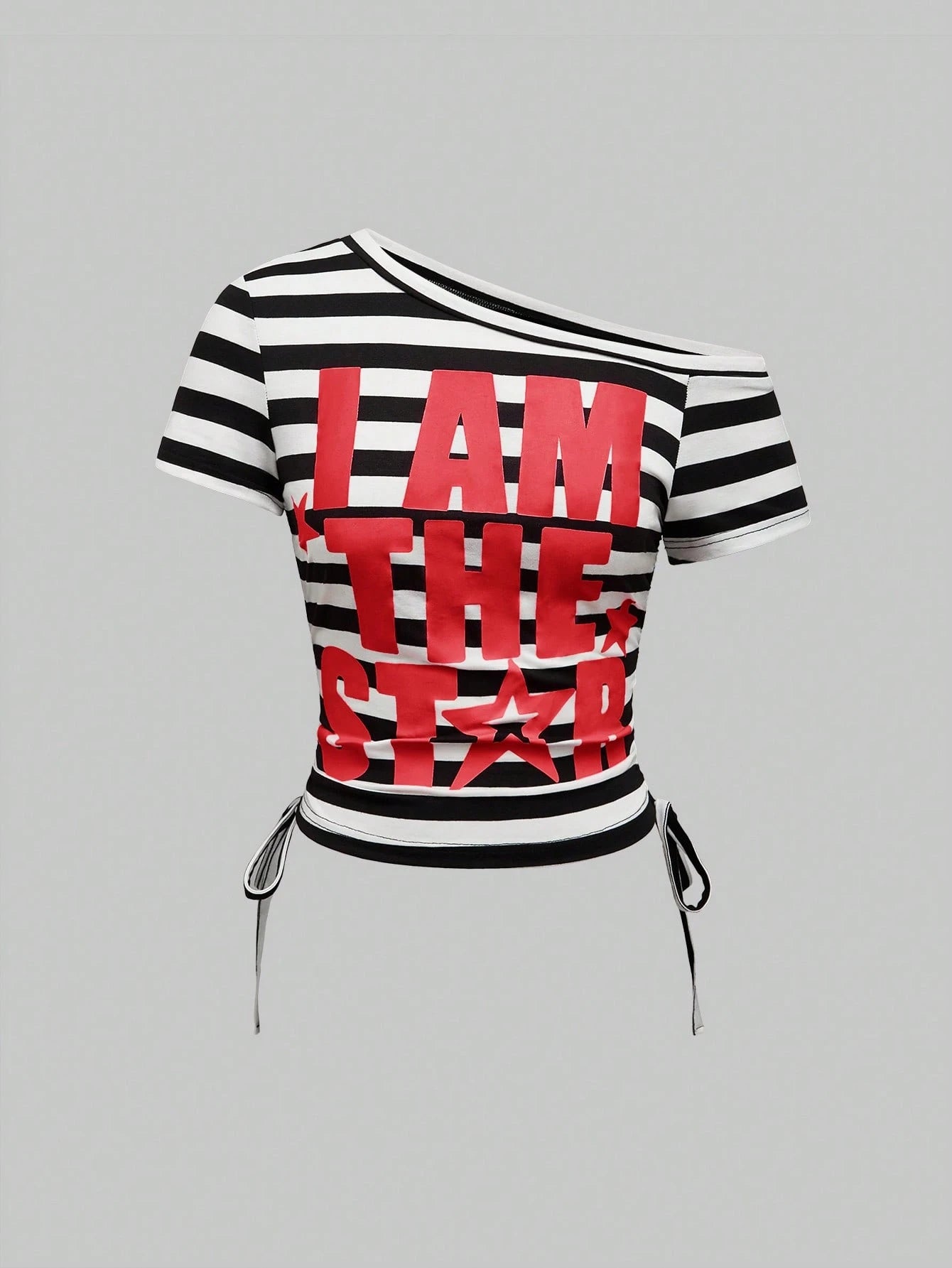 ROMWE Avant Women's Y2K Style Striped Patchwork Letter Print Drawstring Ruched T-Shirt