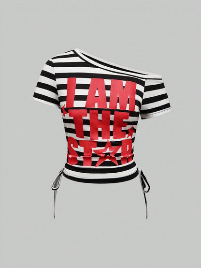 ROMWE Avant Women's Y2K Style Striped Patchwork Letter Print Drawstring Ruched T-Shirt