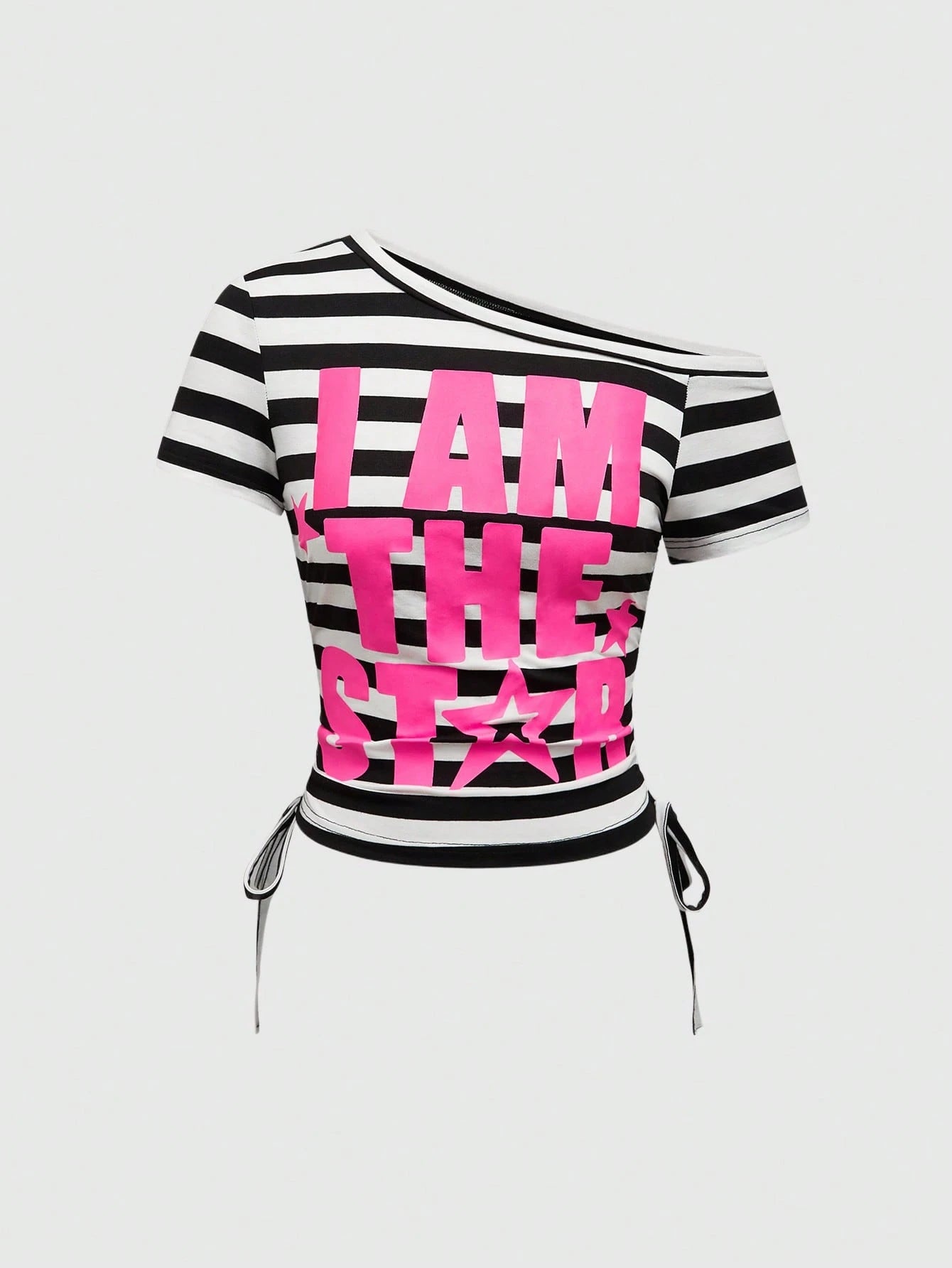 ROMWE Avant Women's Y2K Style Striped Patchwork Letter Print Drawstring Ruched T-Shirt