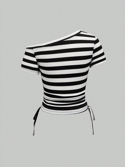 ROMWE Avant Women's Y2K Style Striped Patchwork Letter Print Drawstring Ruched T-Shirt