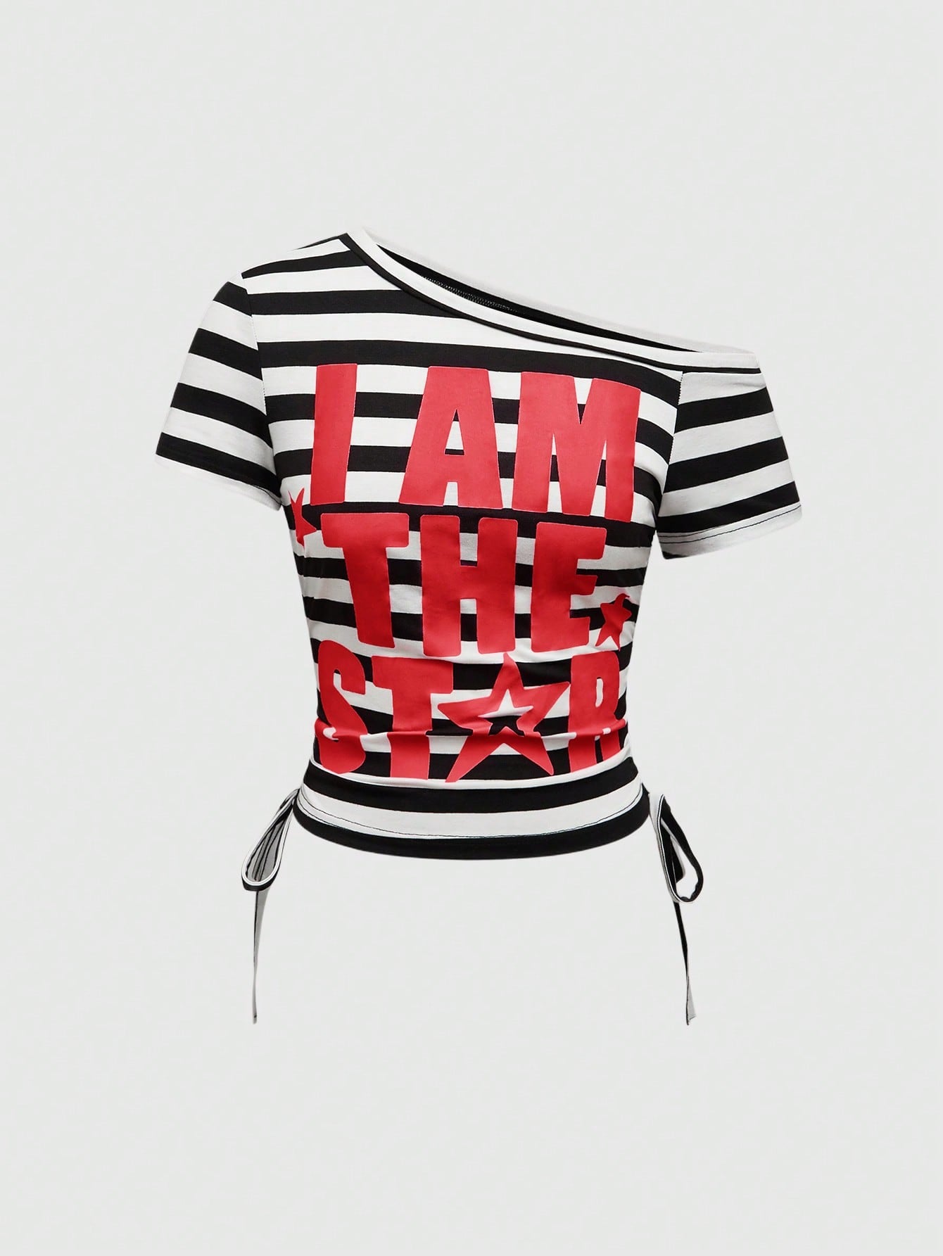 ROMWE Avant Women's Y2K Style Striped Patchwork Letter Print Drawstring Ruched T-Shirt