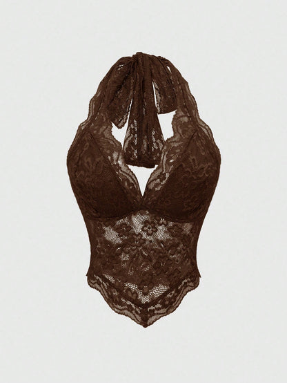 ROMWE Fairycore Spring/Summer Country Valentine's Day Women's Fashionable Sexy Lace Halter V-Neck Camisole