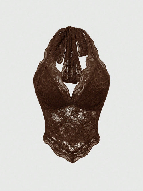 ROMWE Fairycore Spring/Summer Country Valentine's Day Women's Fashionable Sexy Lace Halter V-Neck Camisole