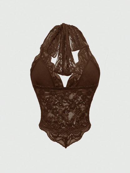 ROMWE Fairycore Spring/Summer Country Valentine's Day Women's Fashionable Sexy Lace Halter V-Neck Camisole