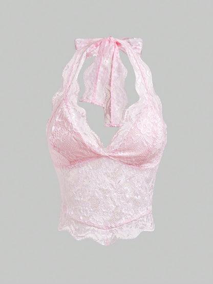 ROMWE Fairycore Spring/Summer Country Valentine's Day Women's Fashionable Sexy Lace Halter V-Neck Camisole