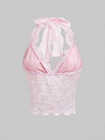 ROMWE Fairycore Spring/Summer Country Valentine's Day Women's Fashionable Sexy Lace Halter V-Neck Camisole