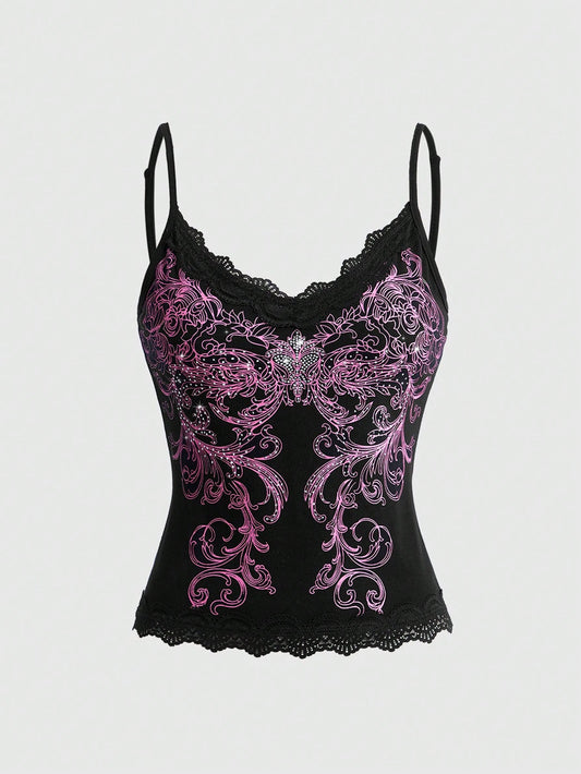 ROMWE Fairycore Spring/Summer Women's Solid Color Lace Patchwork Rhinestone Decor Camisole Tank Top