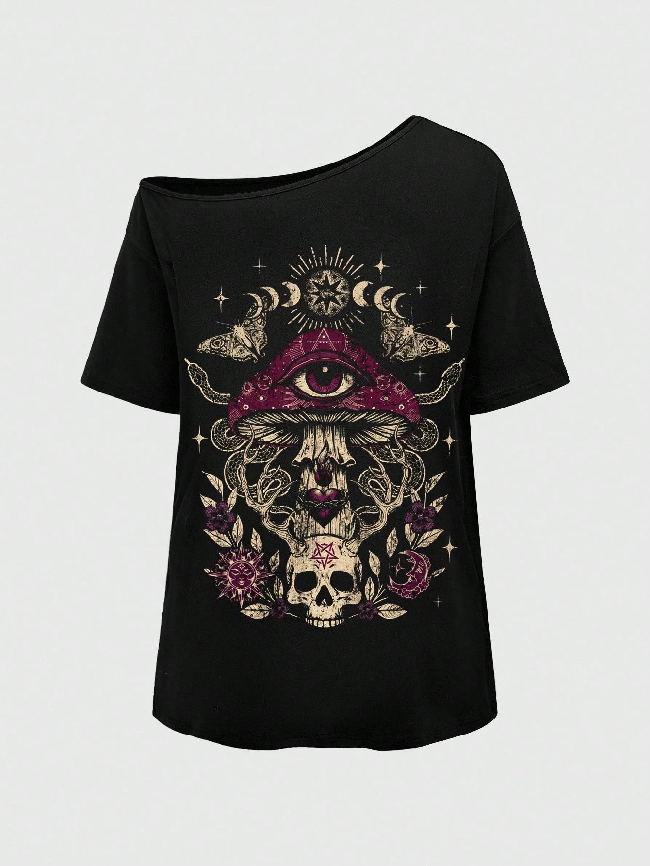 ROMWE Goth Spring/Summer Plus Size Women Plus Size Distressed Mushroom Skull Eye Print One Shoulder T-Shirt