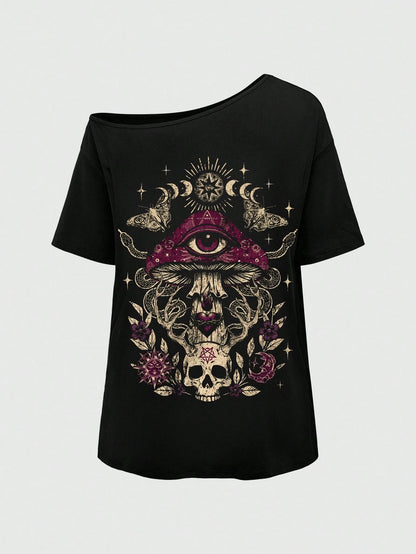 ROMWE Goth Spring/Summer Plus Size Women Plus Size Distressed Mushroom Skull Eye Print One Shoulder T-Shirt